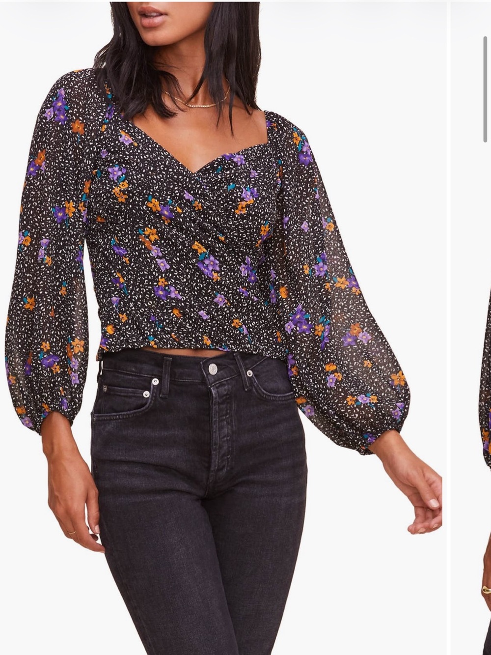 Astr Black Floral V-Neck Long Sleeve Blouse with Orange and Purple Accents